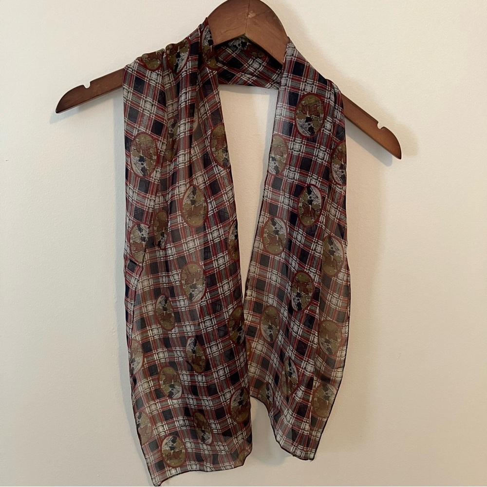 VTG Plaid Equestrian Horse Red Blue Western Rectangle Scarf Preppy Old Money - Picture 5 of 5